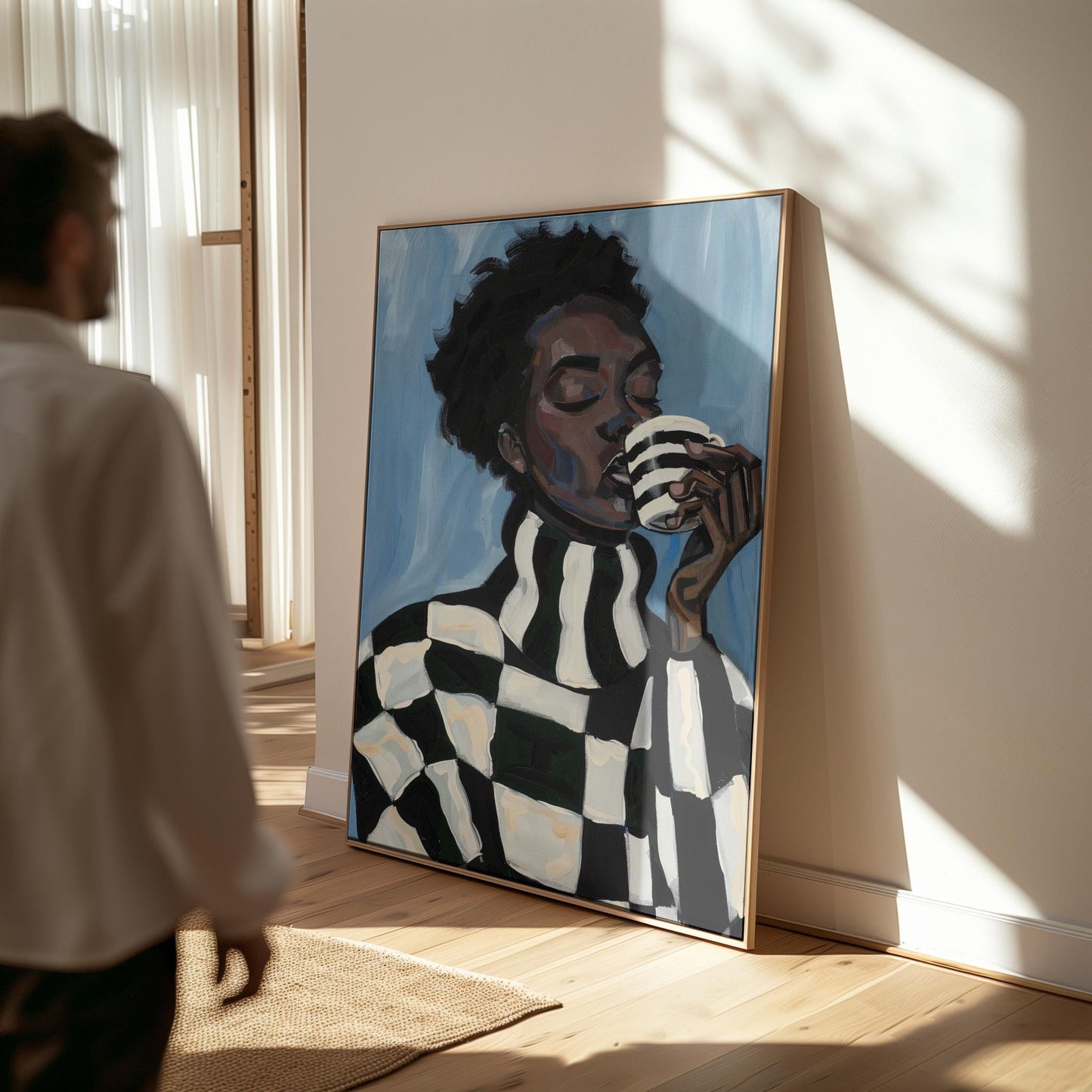 Modern Abstract Woman Canvas Wall Art with Checker Pattern and Striped Mug Contemporary Print for Kitchen or Living Room