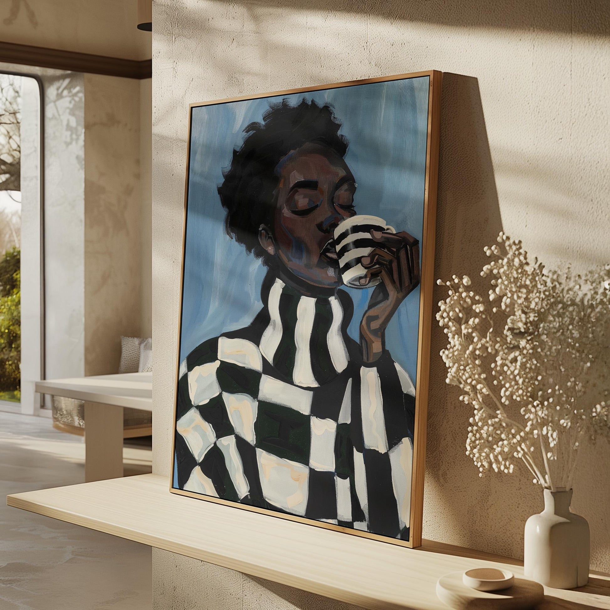 Modern Abstract Woman Canvas Wall Art with Checker Pattern and Striped Mug Contemporary Print for Kitchen or Living Room