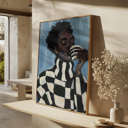Modern Abstract Woman Canvas Wall Art with Checker Pattern and Striped Mug Contemporary Print for Kitchen or Living Room