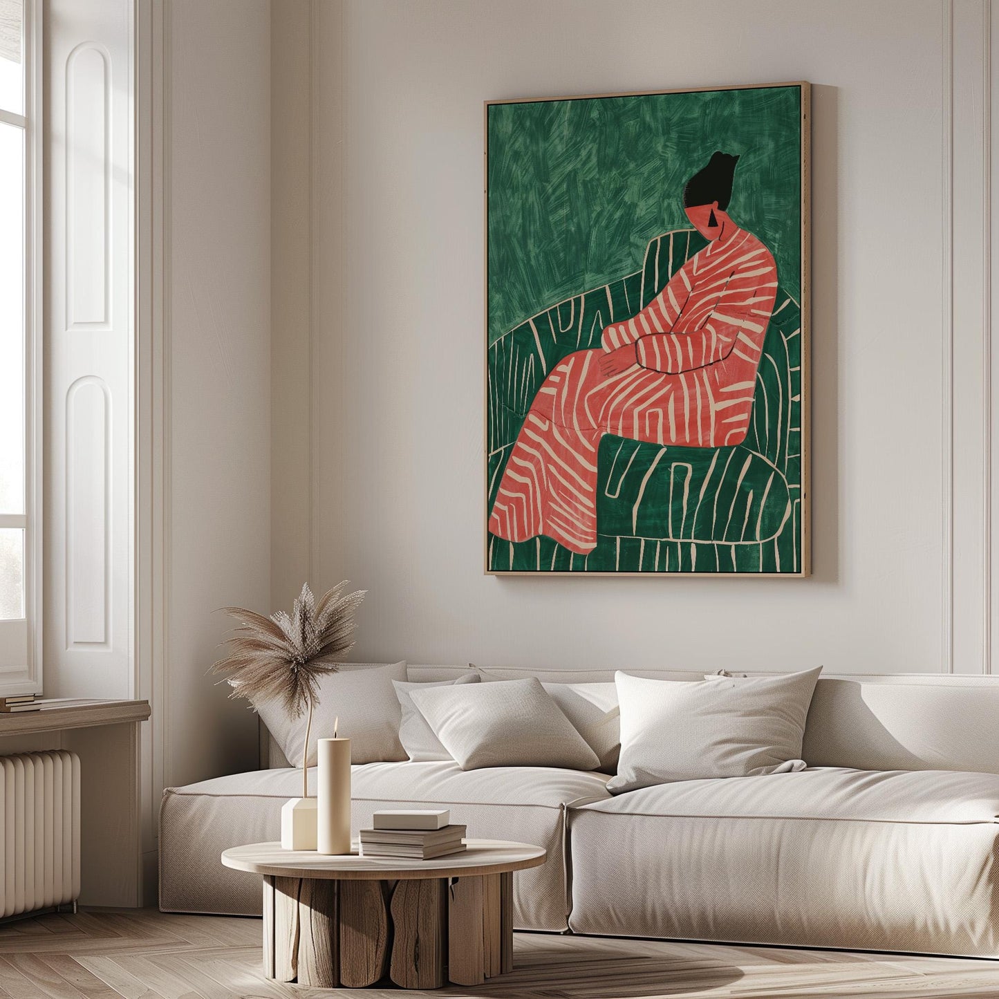 Abstract Woman Canvas Art: Green & Red Giclée Print with Floating Frame