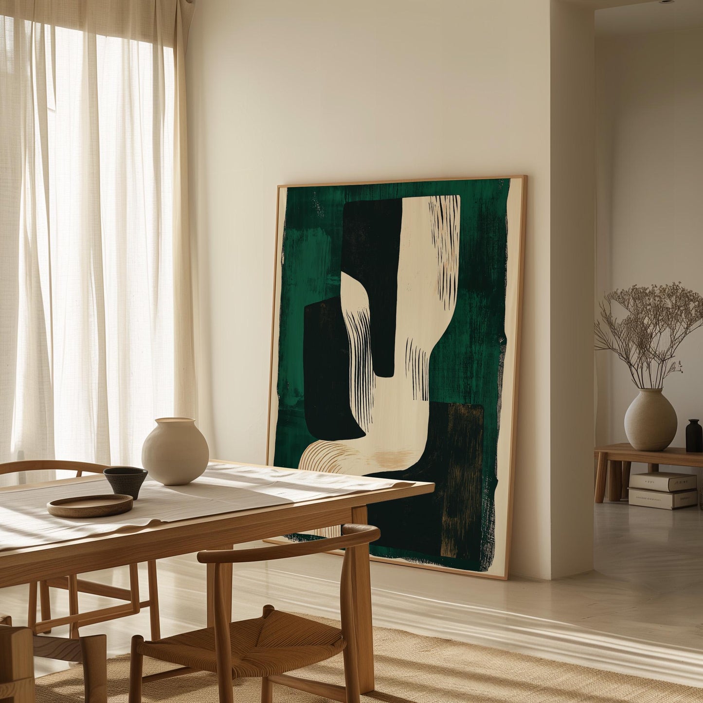 Abstract Wall Art Green and Beige Modern Canvas Print Minimalist Geometric Painting Large Living Room or Office Decor