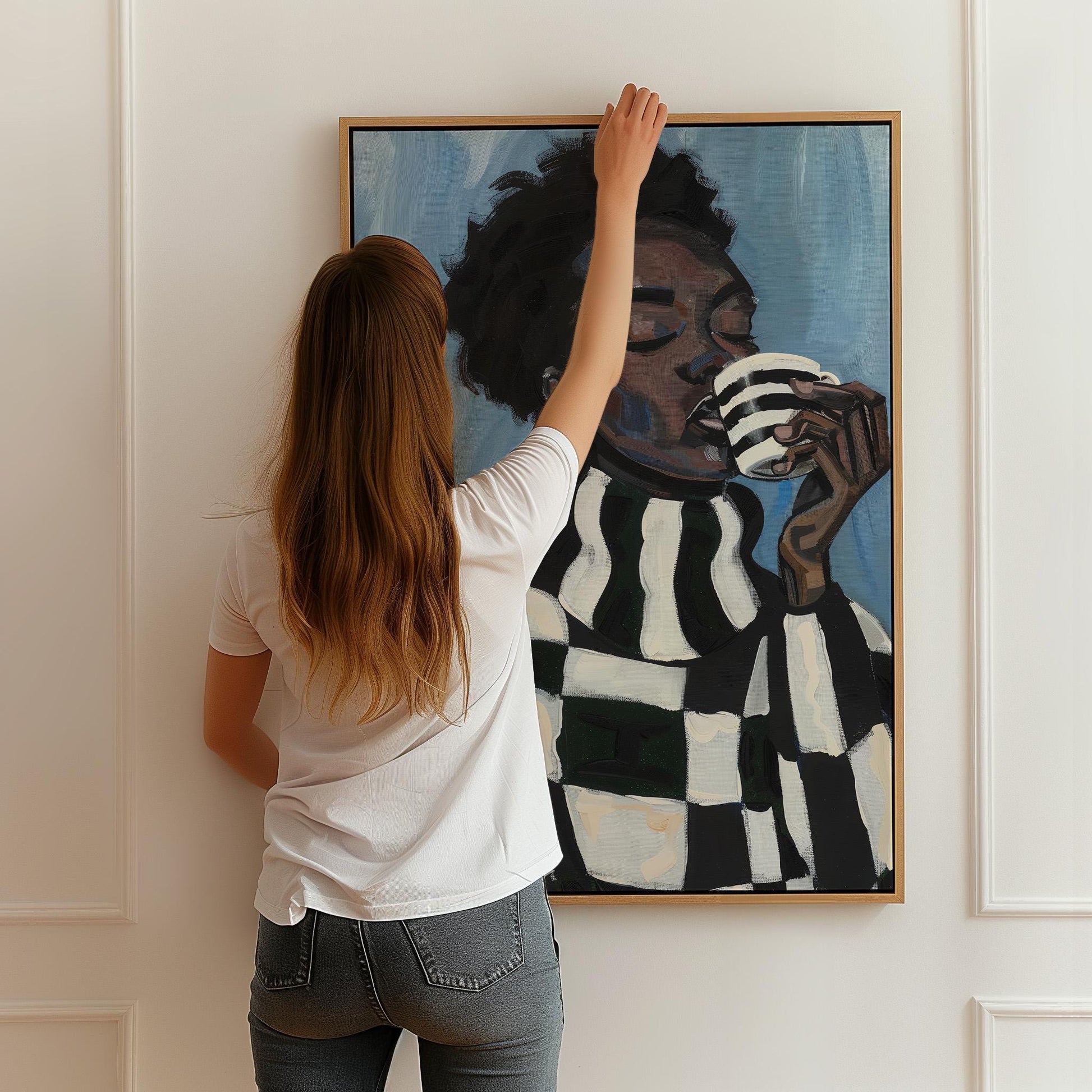 Modern Abstract Woman Canvas Wall Art with Checker Pattern and Striped Mug Contemporary Print for Kitchen or Living Room