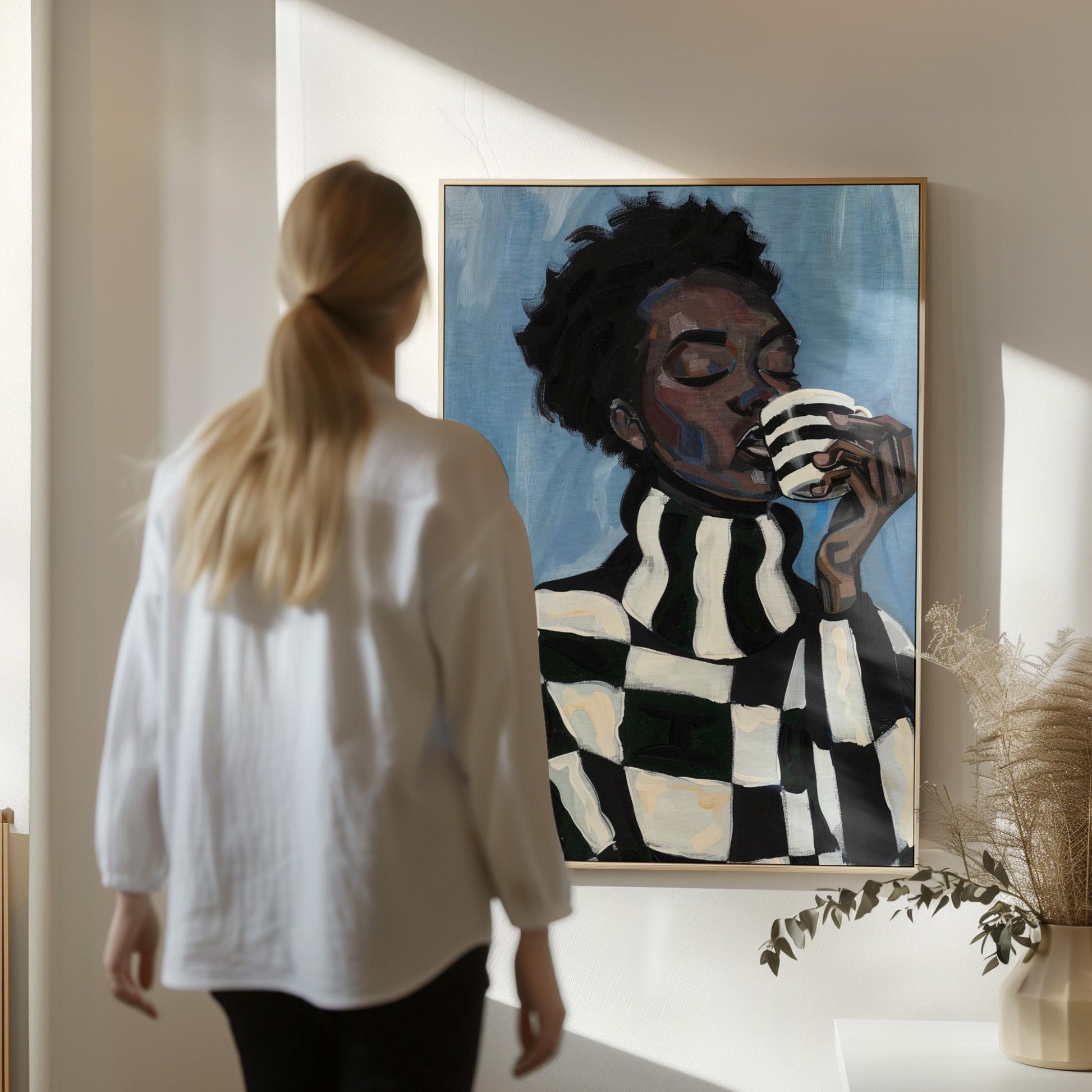 Modern Abstract Woman Canvas Wall Art with Checker Pattern and Striped Mug Contemporary Print for Kitchen or Living Room