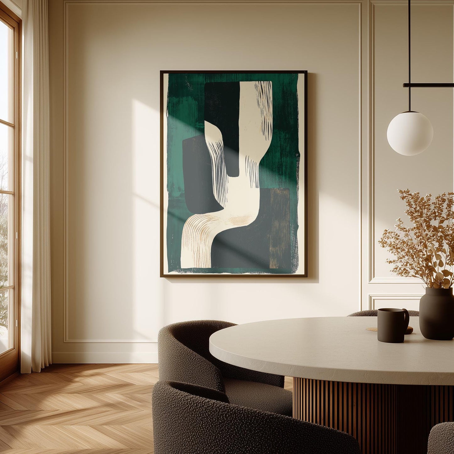 Abstract Wall Art Green and Beige Modern Canvas Print Minimalist Geometric Painting Large Living Room or Office Decor