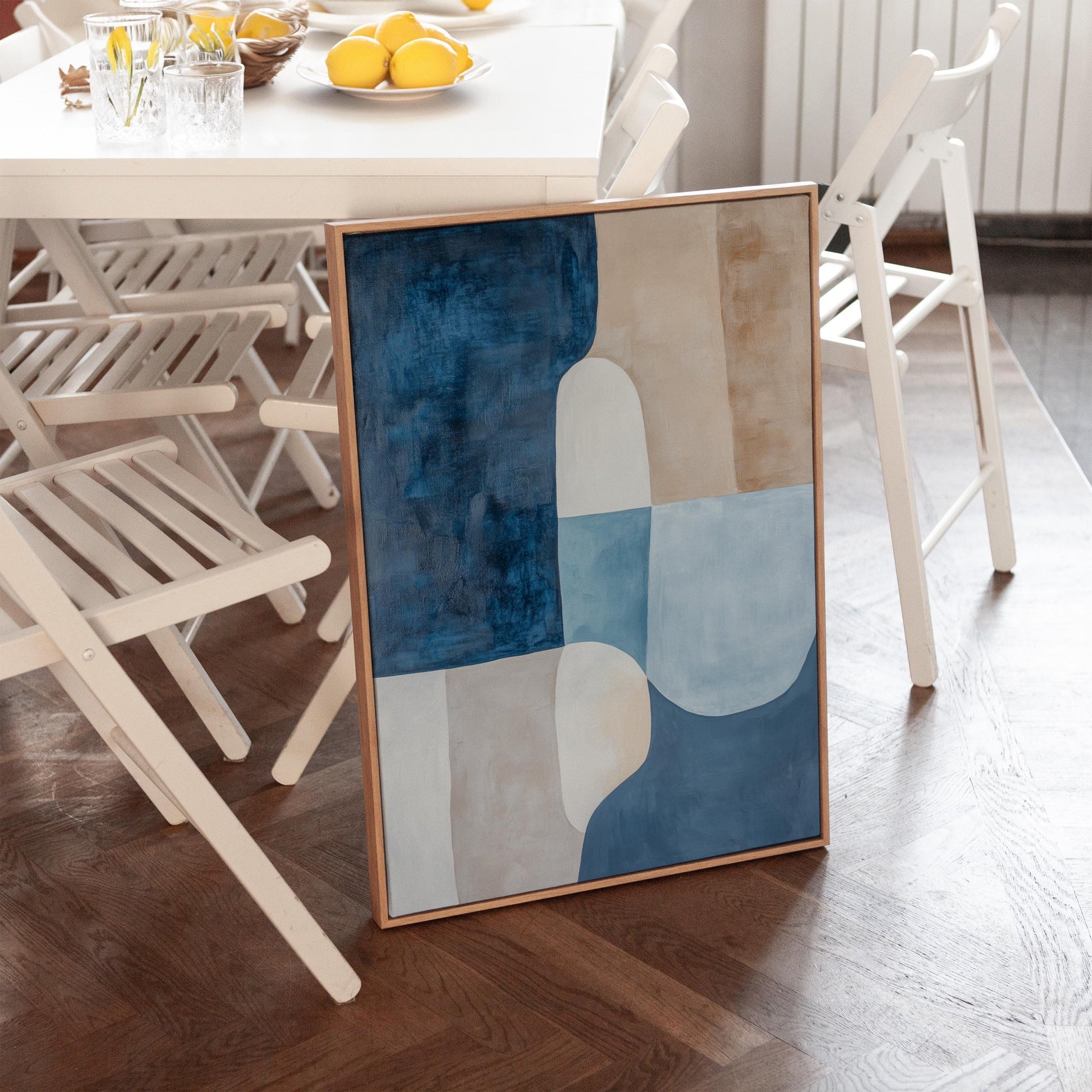 Blue Beige Abstract Canvas Art with Floating Frame