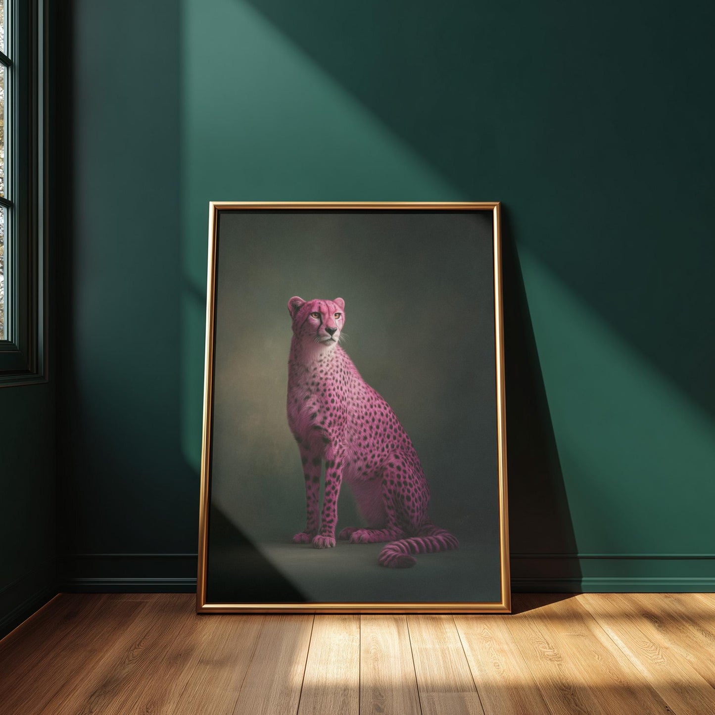 Pink Cheetah Wall Art – Emerald Green Print | Maximalist Canvas With Natural Wood Frame