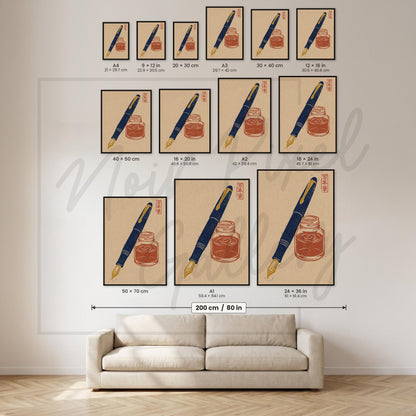 Vintage Fountain Pen Print – Linocut Style Art With Navy and Terracotta Accent