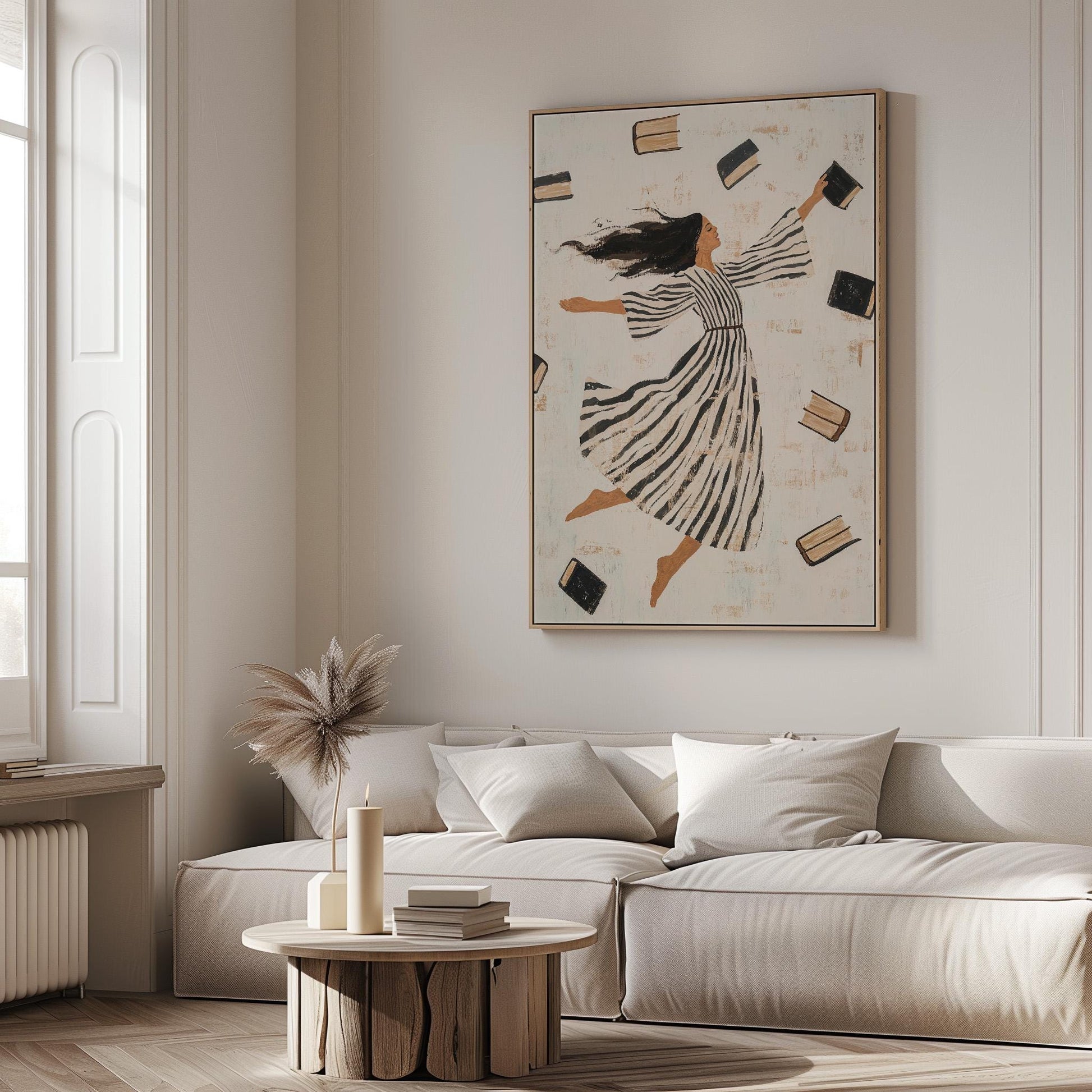 Whimsical Woman Reading Canvas Wall Art with Floating Frame Feminine Abstract Figurative Print for Living Room