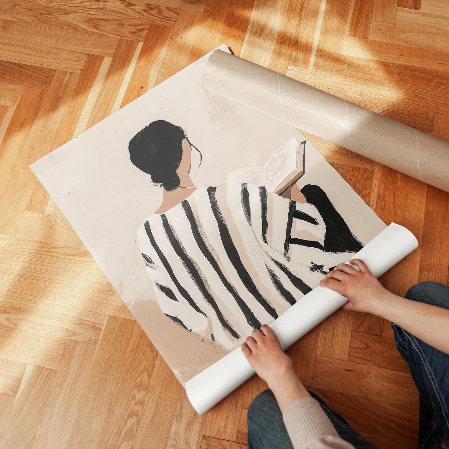 Figurative Canvas Wall Art Woman Reading Book in Black and White Striped Dress Neutral Background