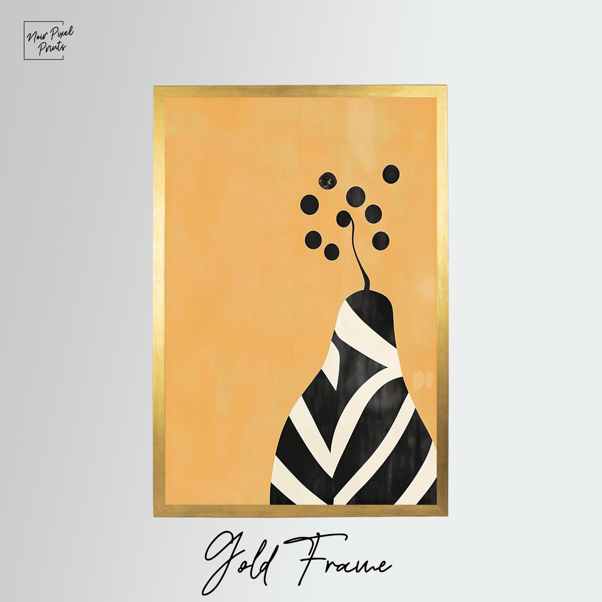The image is a framed artwork with a black and white abstract design on a gold frame.