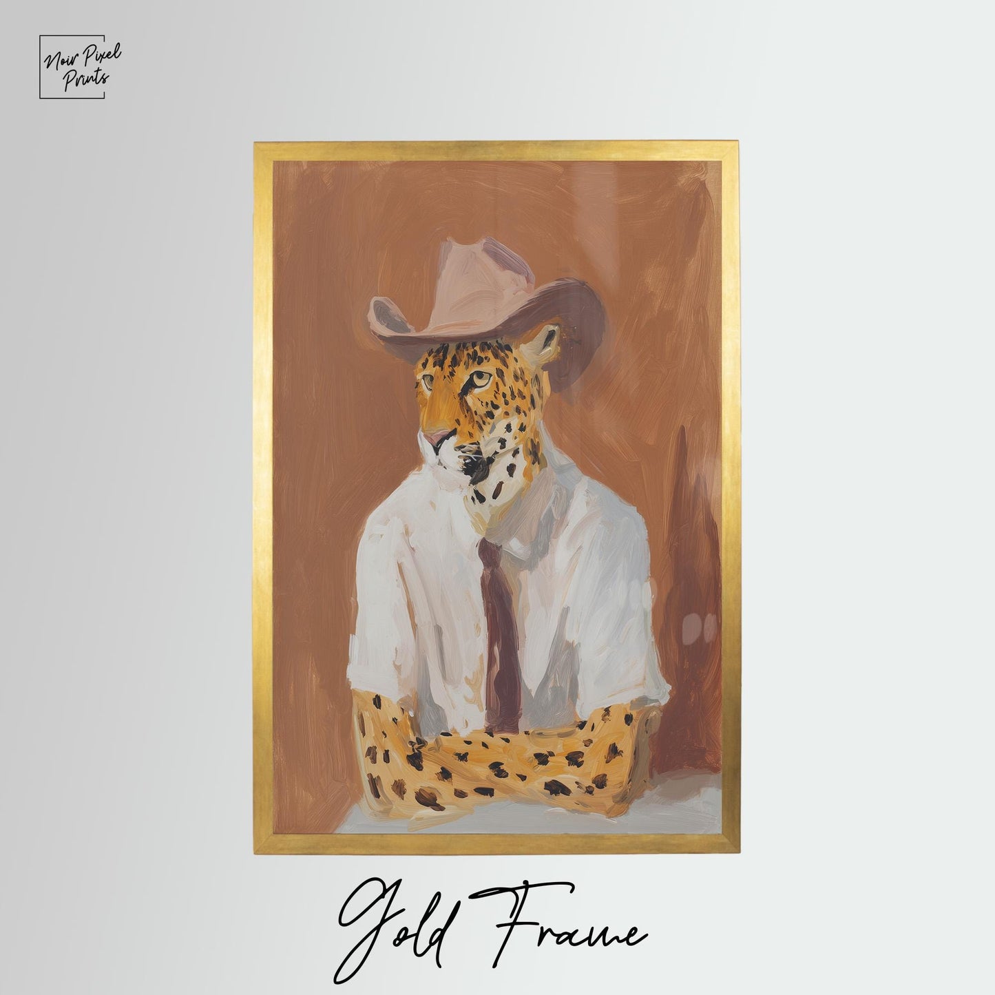 The image is a painting of a leopard wearing a cowboy hat and a white shirt, set within a gold frame.