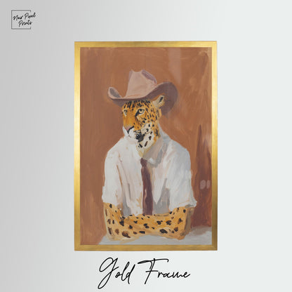 The image is a painting of a leopard wearing a cowboy hat and a white shirt, set within a gold frame.