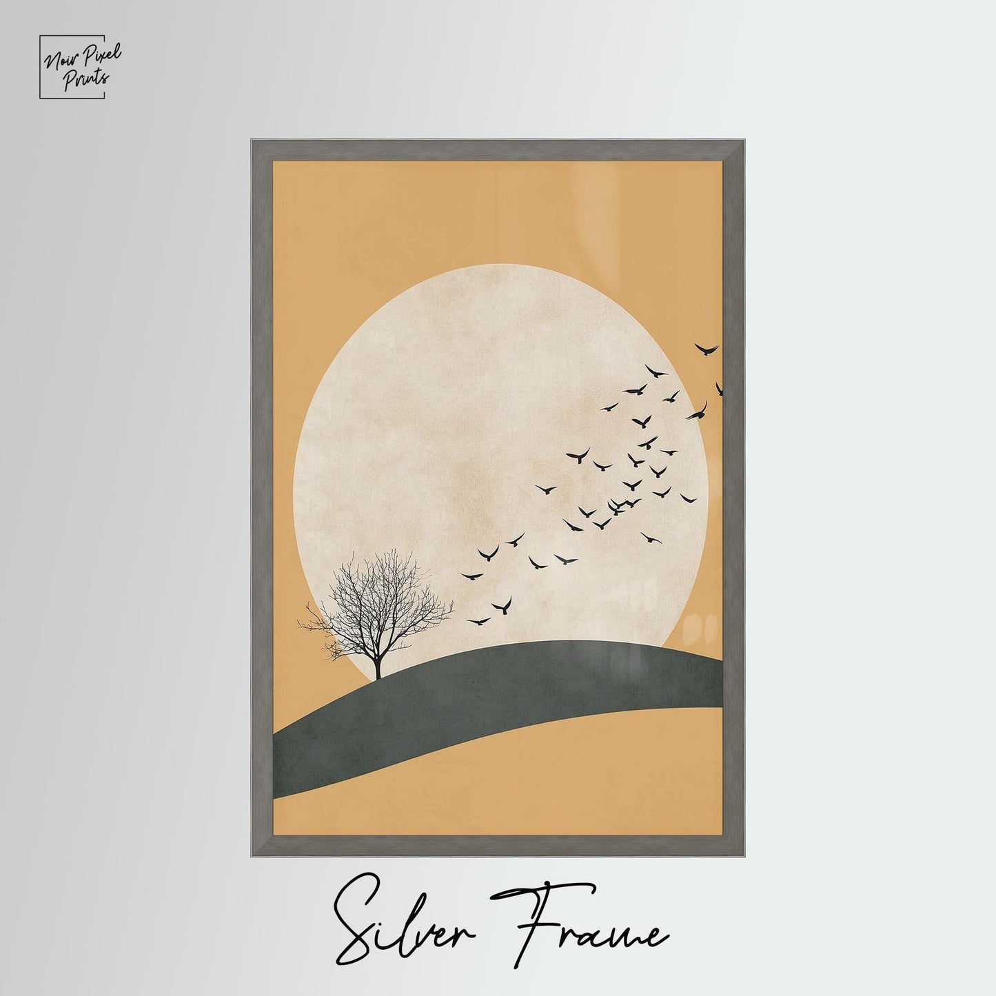 Japandi Wall Art | Yellow Sun Artwork With Flying Birds Canvas - Minimalist Decor