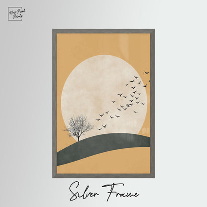 Japandi Wall Art | Yellow Sun Artwork With Flying Birds Canvas - Minimalist Decor