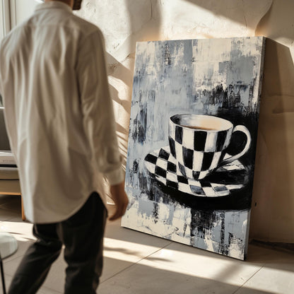 Kitchen Canvas Wall Art Black and White Checkered Coffee Cup and Saucer Modern Framed Painting