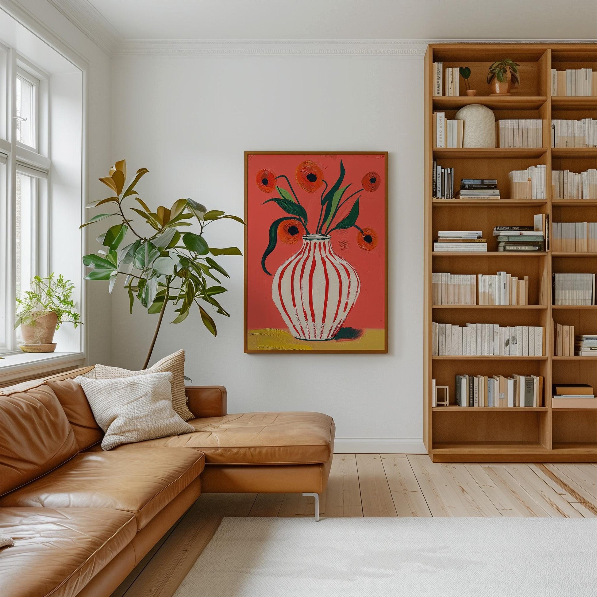 Floral Canvas Wall Art Red Poppies in Striped White Vase on Pink Background Modern Framed Painting