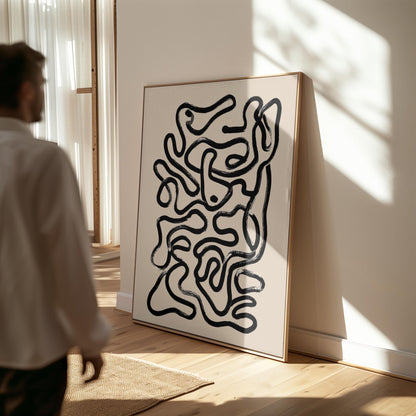 Minimalist Canvas Art – Black and White Abstract Line Art Print with Floating Frame