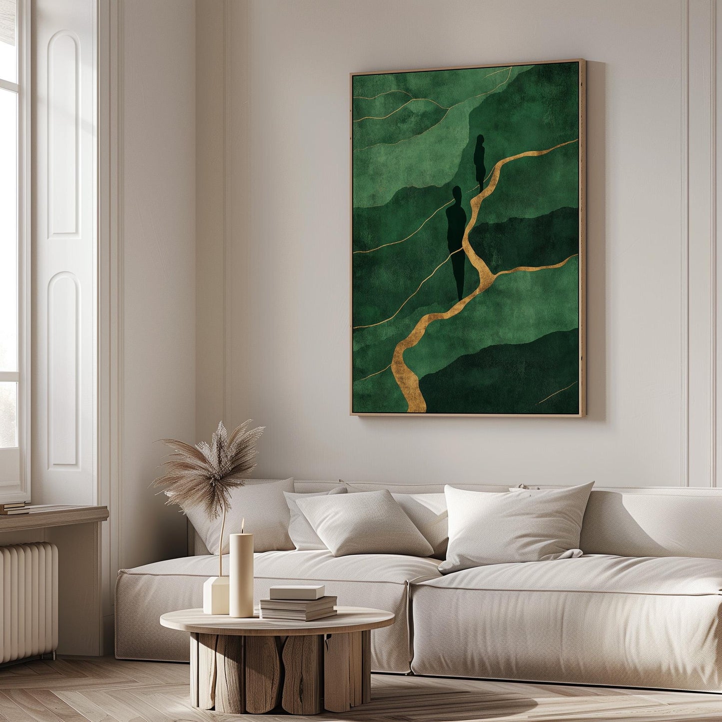 Emerald Green and Gold Canvas Wall Art with Silhouette Figures, Large Framed Painting for Living Room or Office Wall Decor