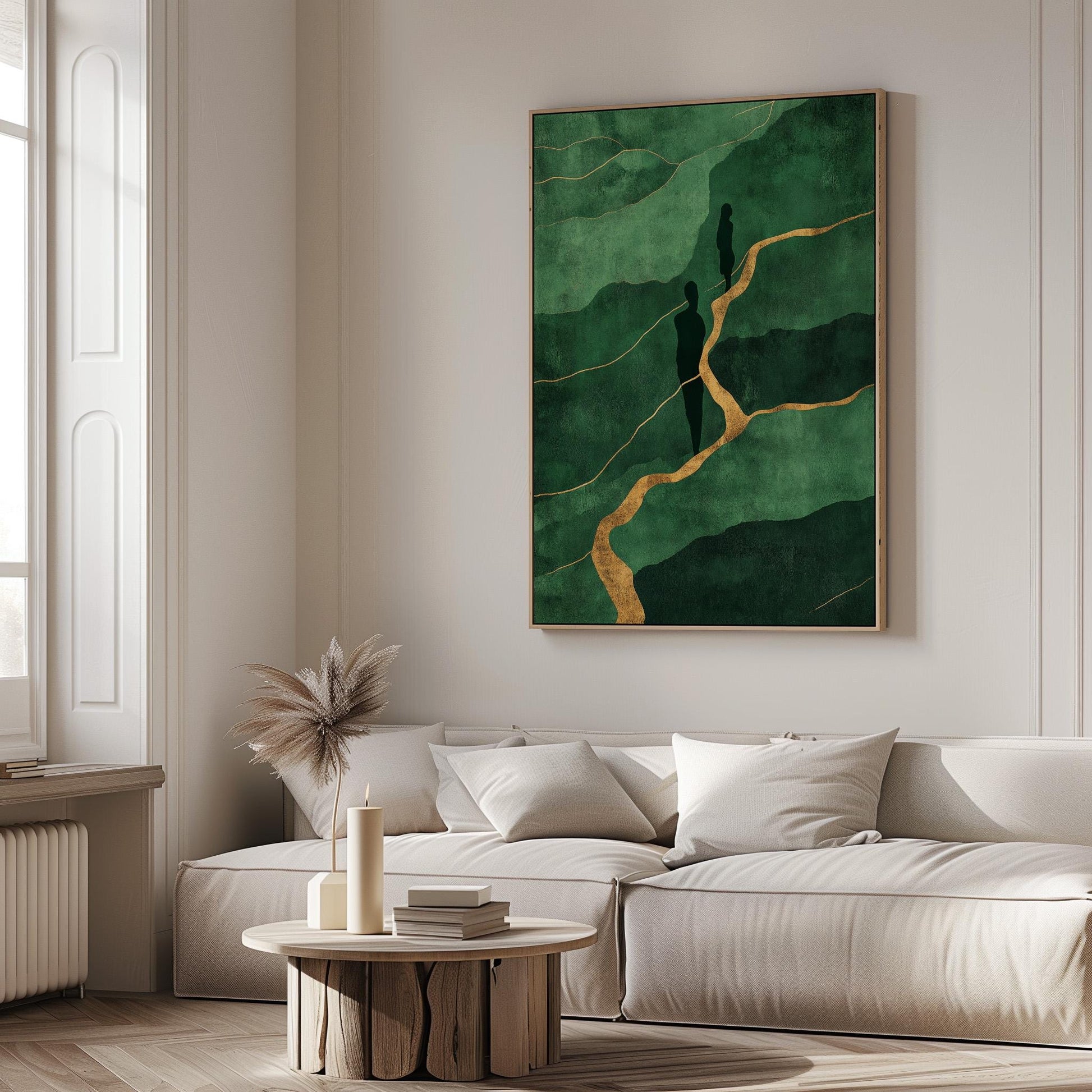 Emerald Green and Gold Canvas Wall Art with Silhouette Figures, Large Framed Painting for Living Room or Office Wall Decor