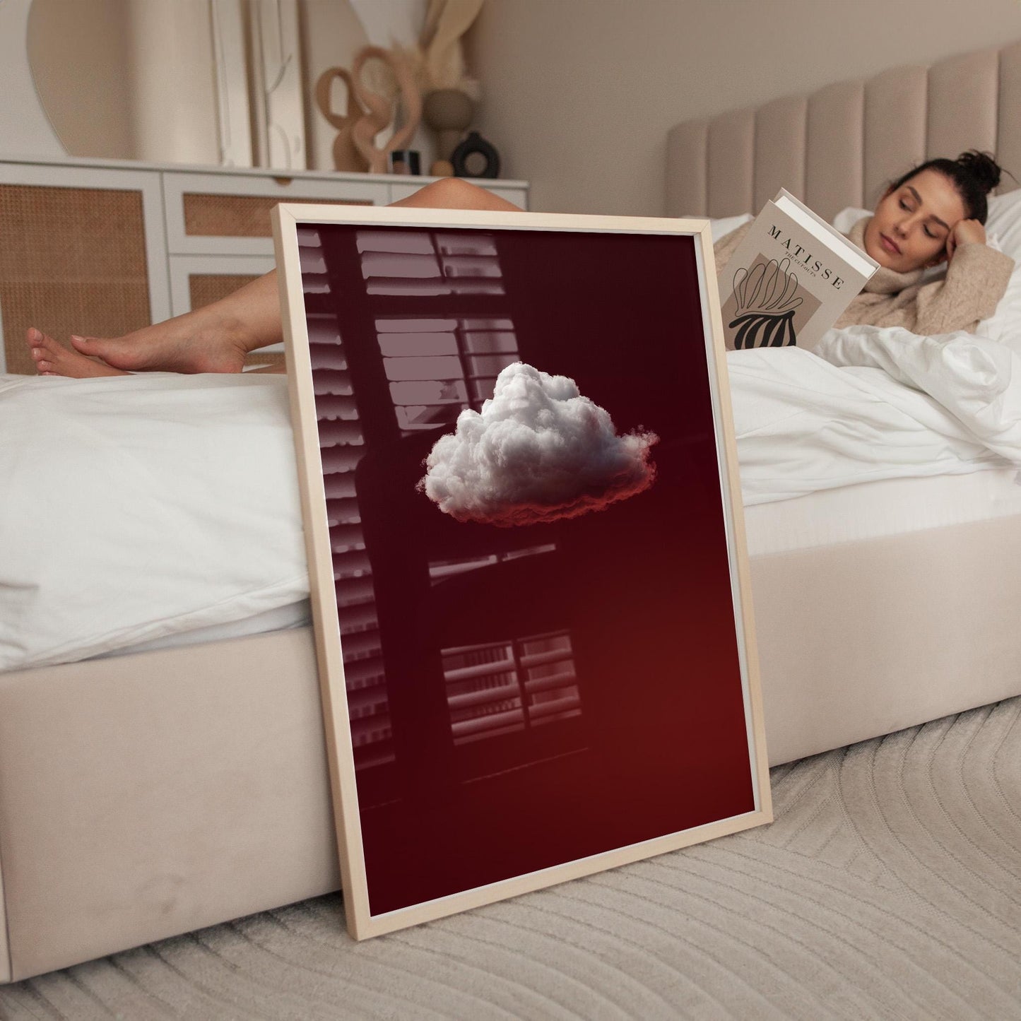 Minimalist Sky Wall Decor – Deep Red Cloud Art Print on Gallery Style Canvas