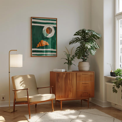 Coffee and Croissant Poster - Cozy Kitchen Wall Art With Emerald Green Stripes