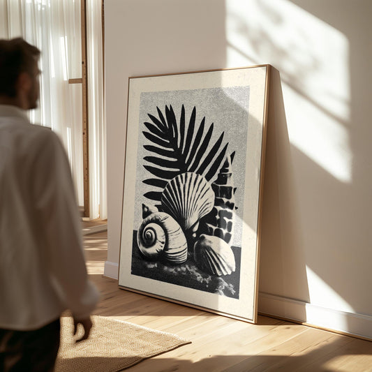 Seashell Botanical Canvas Art Black and White Ocean Print for Coastal Living Room or Bathroom, Minimal Nature Wall Decor