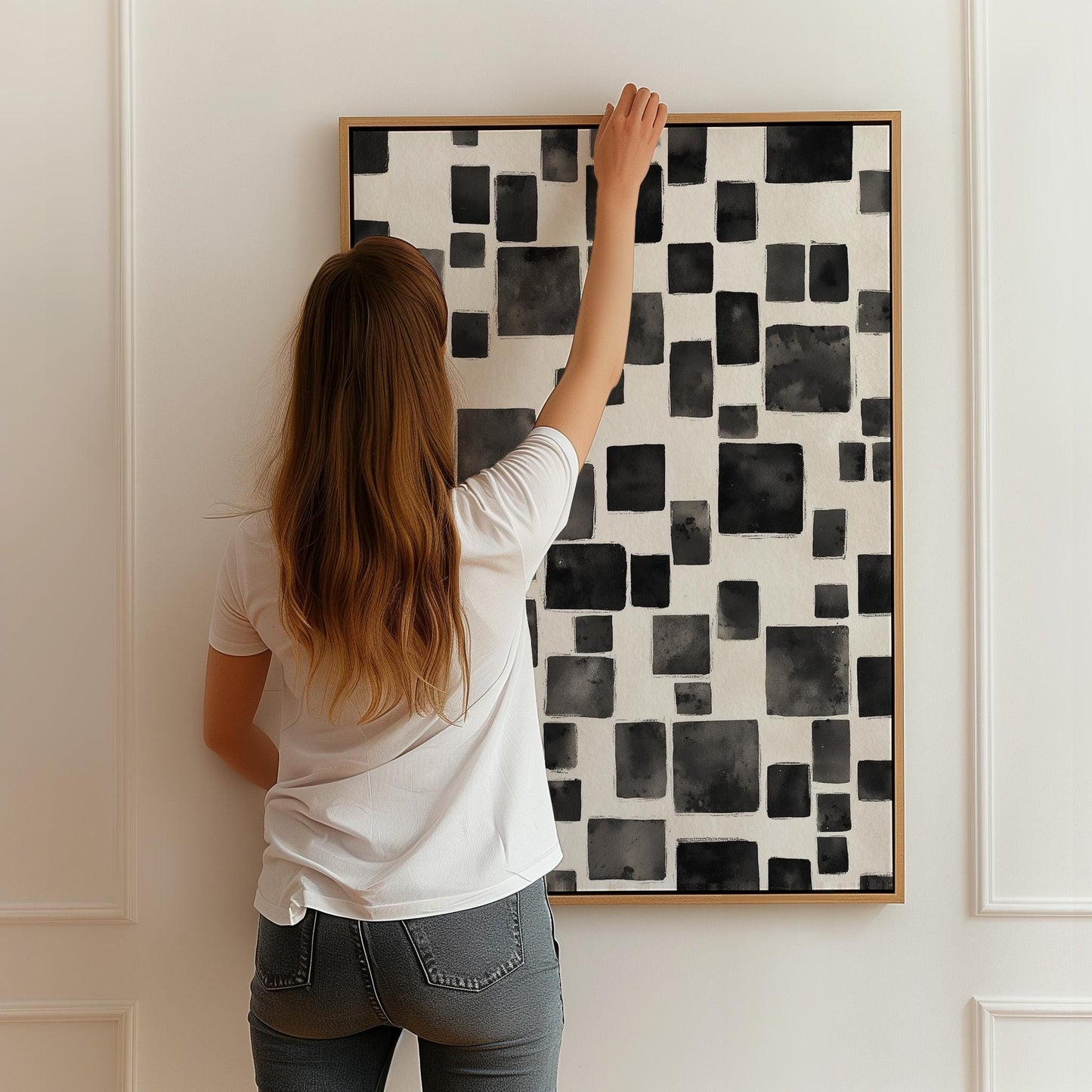 Modern Black Abstract Squares Canvas Art, Minimalist Geometric Wall Art Print, Contemporary Giclée for Living Room or Office Decor