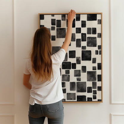 Modern Black Abstract Squares Canvas Art, Minimalist Geometric Wall Art Print, Contemporary Giclée for Living Room or Office Decor