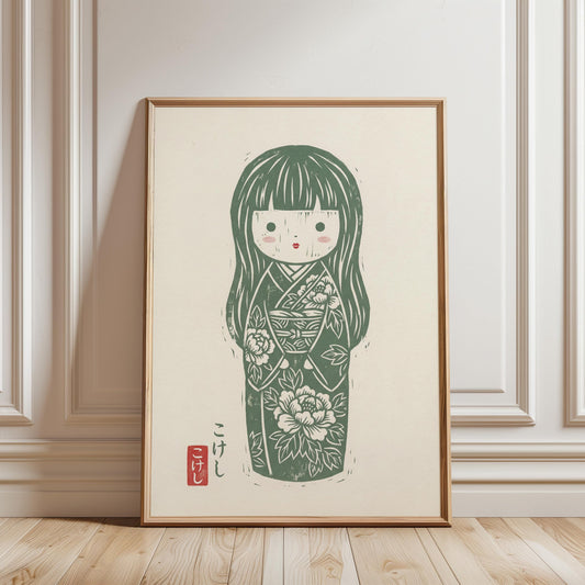 Japanese Kokeshi Doll Print – Floral Kimono Art | Sage Green Nursery Wall Art