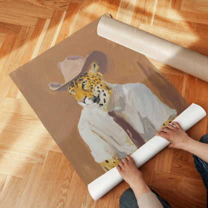 A person is holding a roll of paper and placing it on a wooden floor, with a painting of a leopard wearing a cowboy hat and a white shirt in the background.