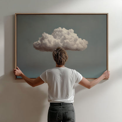 Cloud Canvas Wall Art: Minimalist Sky Painting on Blue Background, Large Neutral Artwork for Bedroom or Living Room