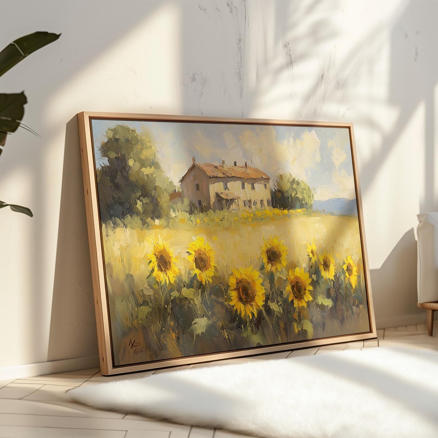 Sunflower Field Canvas Wall Art: Rustic Countryside Landscape Painting, Farmhouse Style Living Room or Kitchen Decor