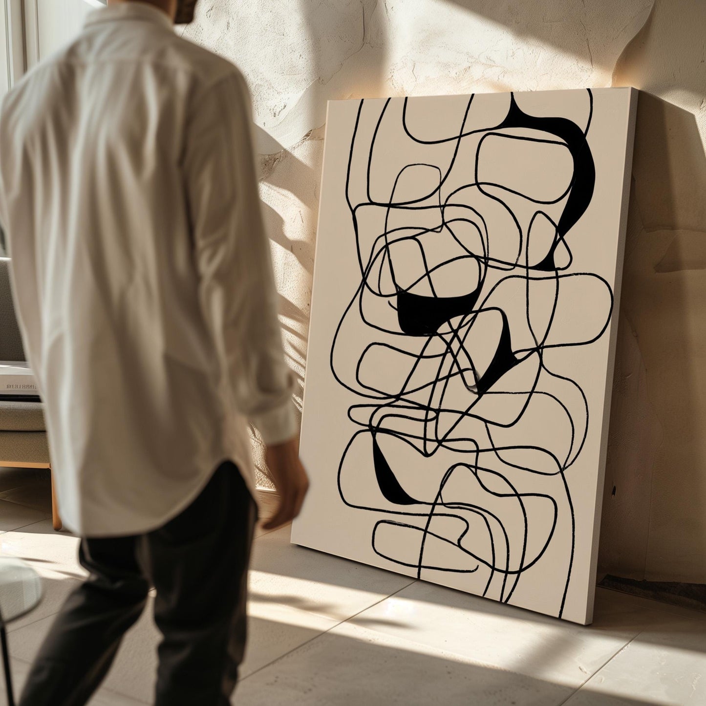 Abstract Art Print – Minimalist Canvas with Floating Frame Decor, Black and White