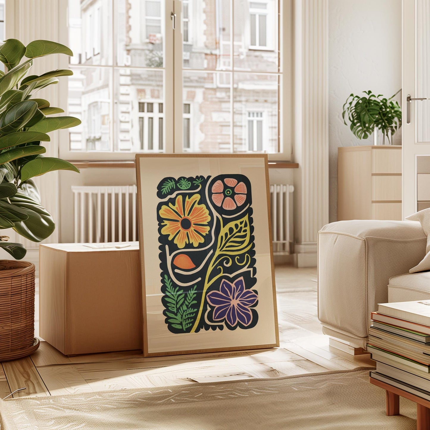 Folk Art Floral Poster – Retro Botanical Art Mid Century Print With Archival Ink