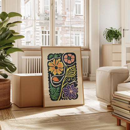 Folk Art Floral Poster – Retro Botanical Art Mid Century Print With Archival Ink