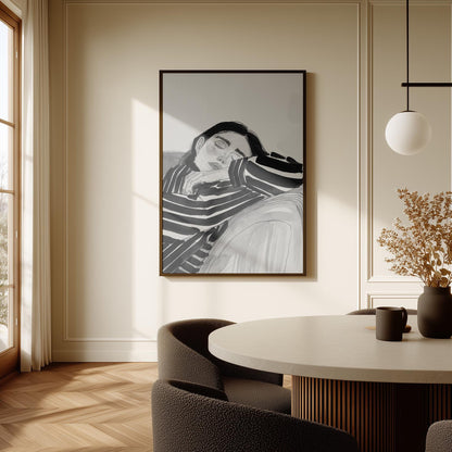 Figurative Canvas Wall Art Woman Resting in Black and White Striped Shirt Modern Framed Painting