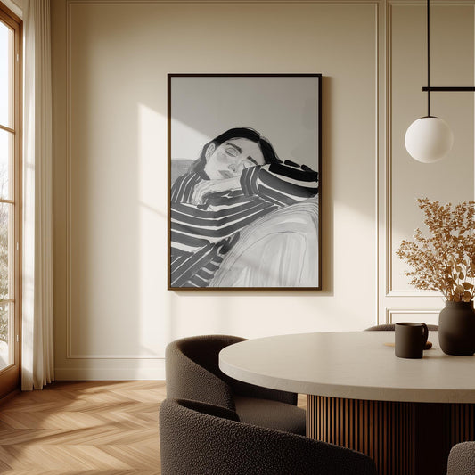 Figurative Canvas Wall Art Woman Resting in Black and White Striped Shirt Modern Framed Painting
