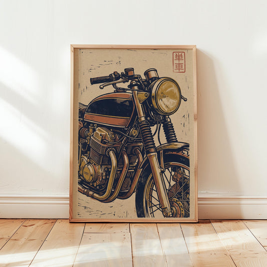 Motorcycle Wall Art – Vintage Bike Poster Retro Linocut Print for Garage Decor