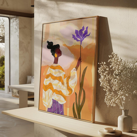 Colorful Woman with Flower Wall Art Print Modern Abstract Canvas Orange Purple Large Living Room Bedroom Decor