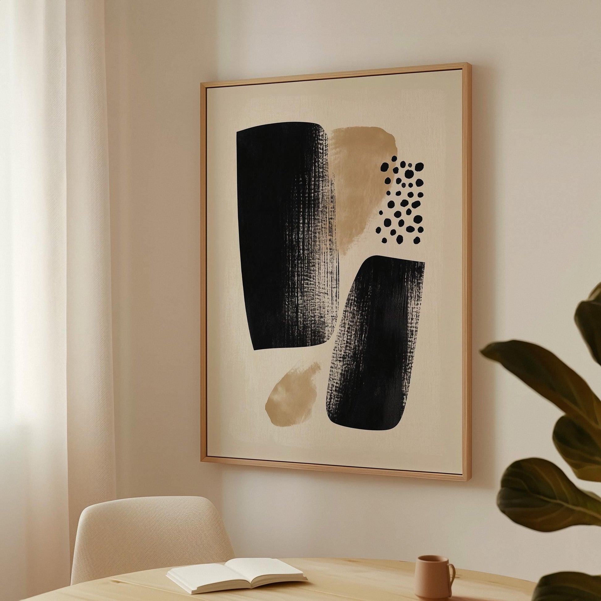 Black and Beige Abstract Canvas Art Minimalist Wall Decor with Organic Shapes, Modern Textured Painting for Living Room or Office