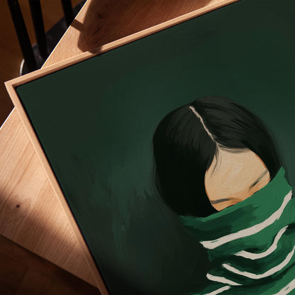 Woman Turtleneck Canvas | Modern Green Portrait on Cotton Canvas Print - Floating Wood Frame