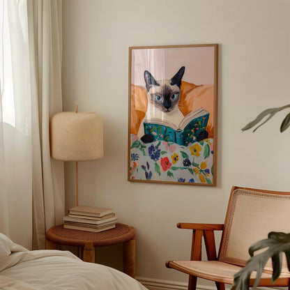 Cat Wall Art – Siamese Cat Print with Floral Reading Nook Decor, Cozy Home