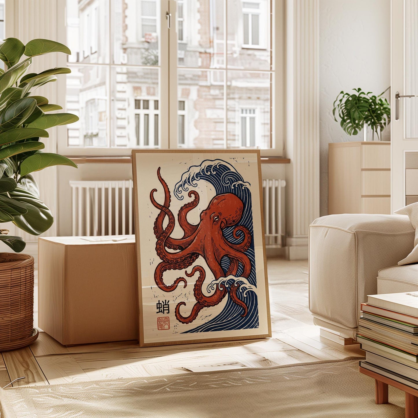 Octopus Art Print – Japanese Woodblock Print Coastal Wall Decor with Wave Art Poster