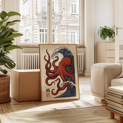 Octopus Art Print – Japanese Woodblock Print Coastal Wall Decor with Wave Art Poster