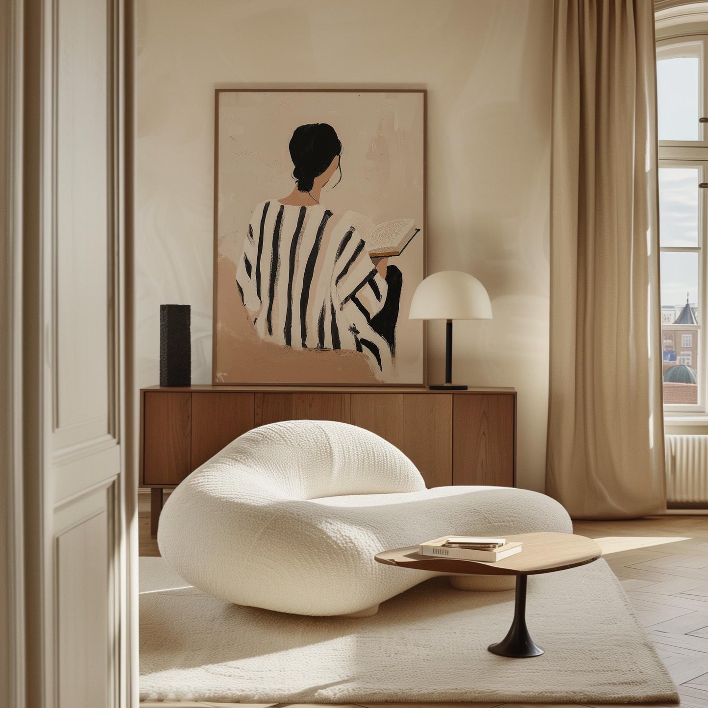 Figurative Canvas Wall Art Woman Reading Book in Black and White Striped Dress Neutral Background