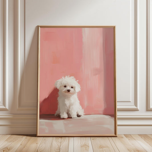 Maltese Puppy Art Print – Pink Blush Nursery Wall Decor | Minimalist Pet Art