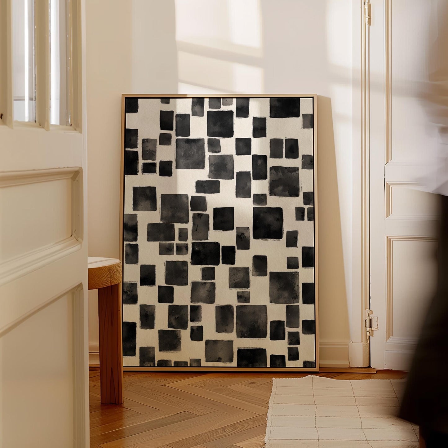 Modern Black Abstract Squares Canvas Art, Minimalist Geometric Wall Art Print, Contemporary Giclée for Living Room or Office Decor