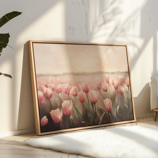 Pink Tulip Field Canvas Wall Art: Romantic Floral Landscape Painting, Cottagecore Bedroom or Living Room Decor