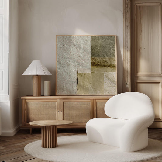 Green Beige Abstract Canvas Wall Art, Minimalist Geometric Painting with Texture, Modern Square Artwork for Living Room or Bedroom