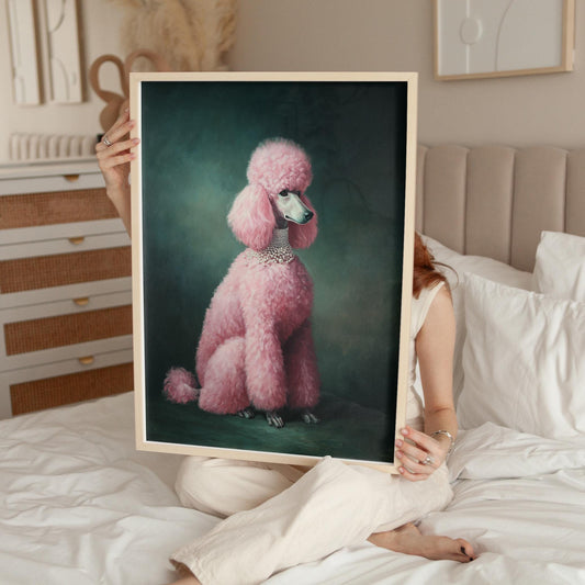 Pink Poodle Art Print: Emerald Green Dog Lover Maximalist Home Decor